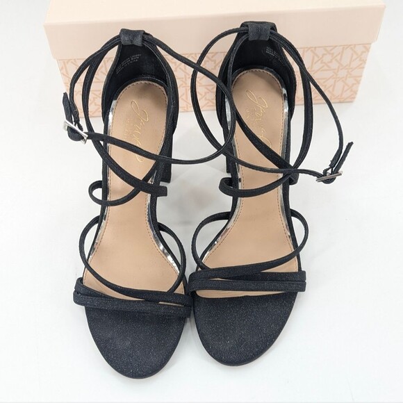 Badgley Mischka Black Glitter Sparkle Strappy High Heel Sandals Size 7 - Picture 2 of 6
